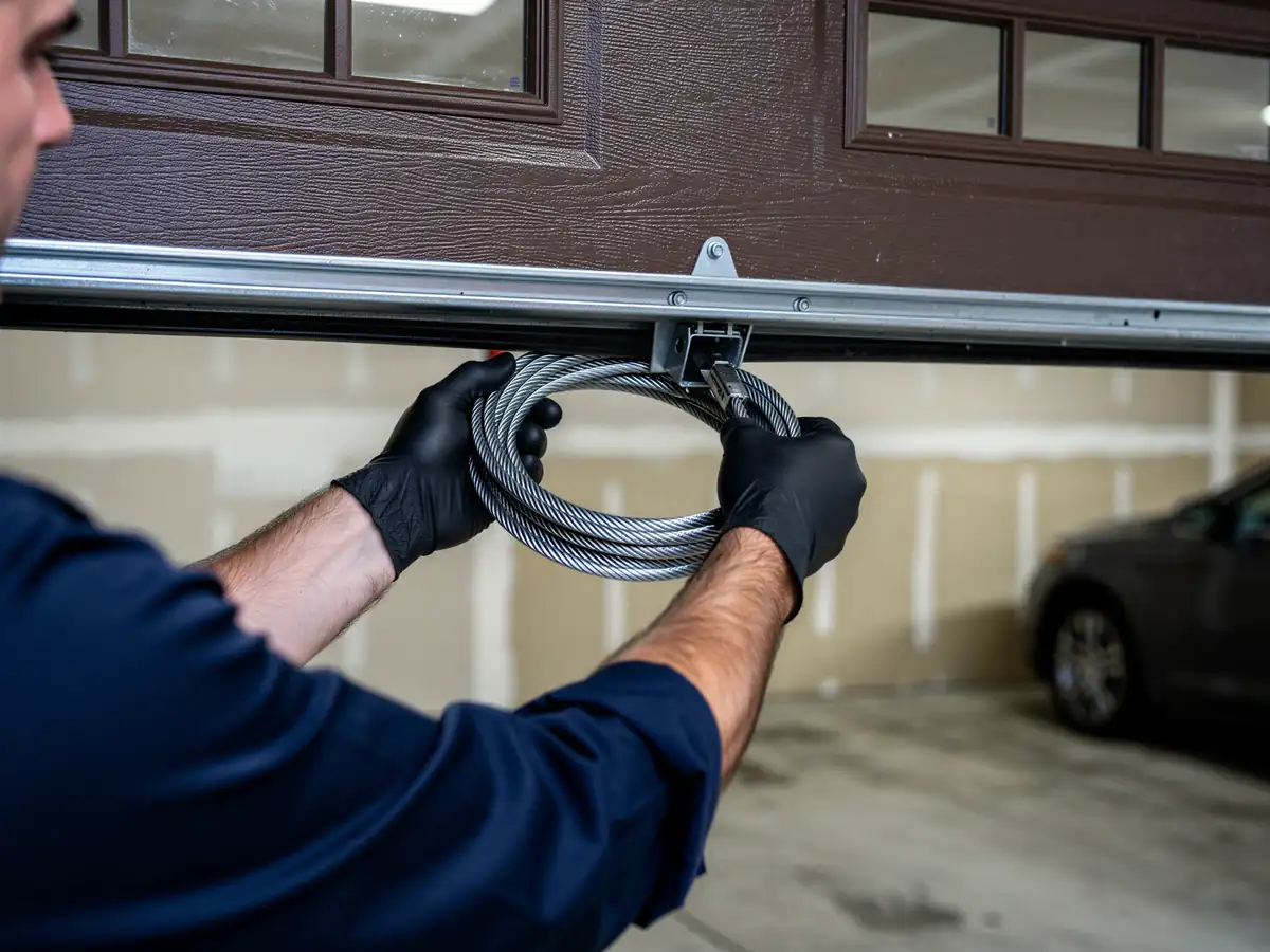 A technician wearing black gloves holds a coiled garage door cable.