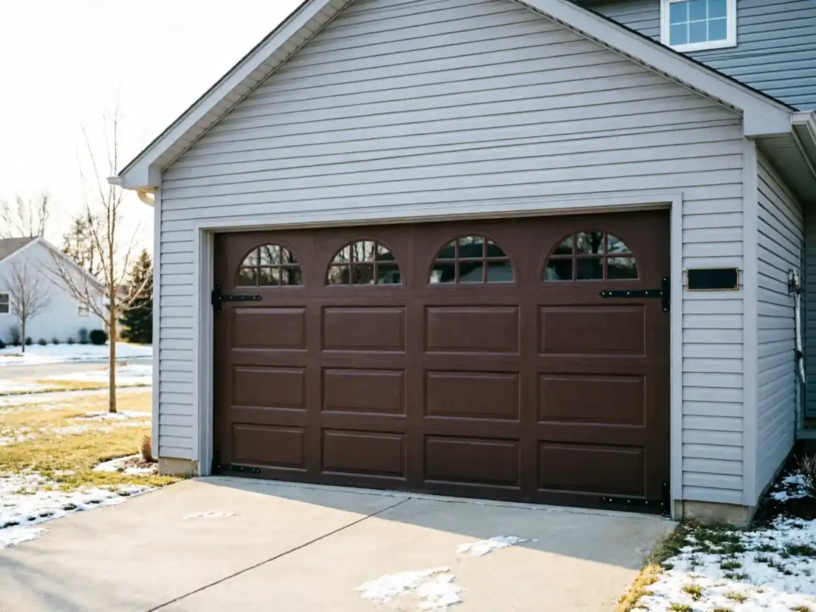 A brown garage door with arched windows is on a house with light siding.