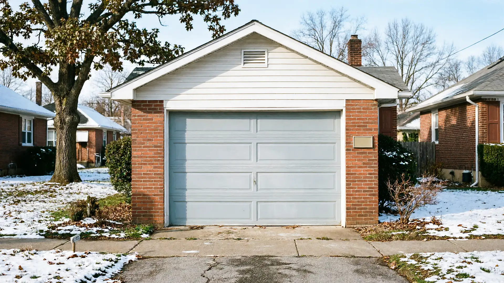 A brick garage with a light gray door and white siding is surrounded by snow.