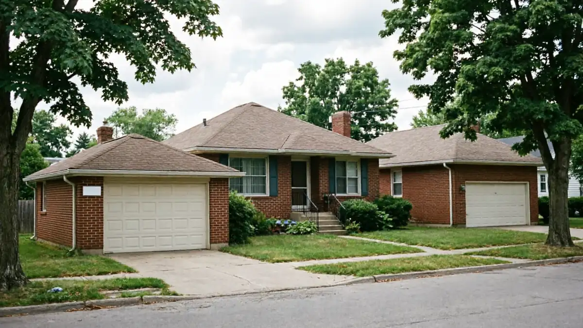 A brick house with two detached garages and green trees under a cloudy sky.