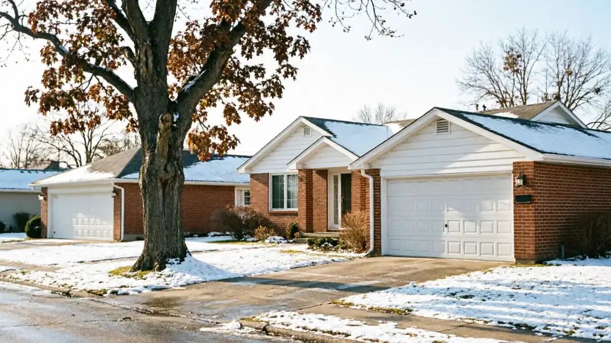 Three brick houses with white garage doors and snow on the roofs and ground.