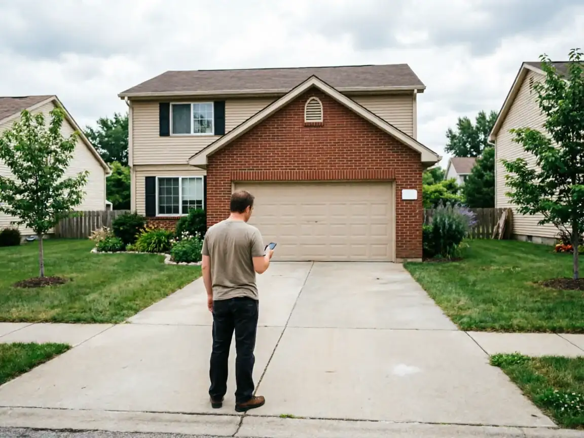 A man stands in a driveway looking at his phone in front of a house.