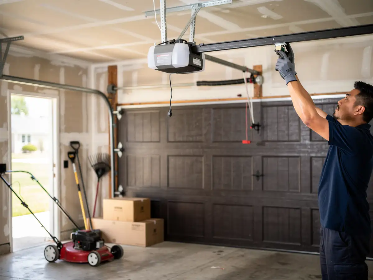 A technician adjusts a garage door opener rail above a brown garage door.