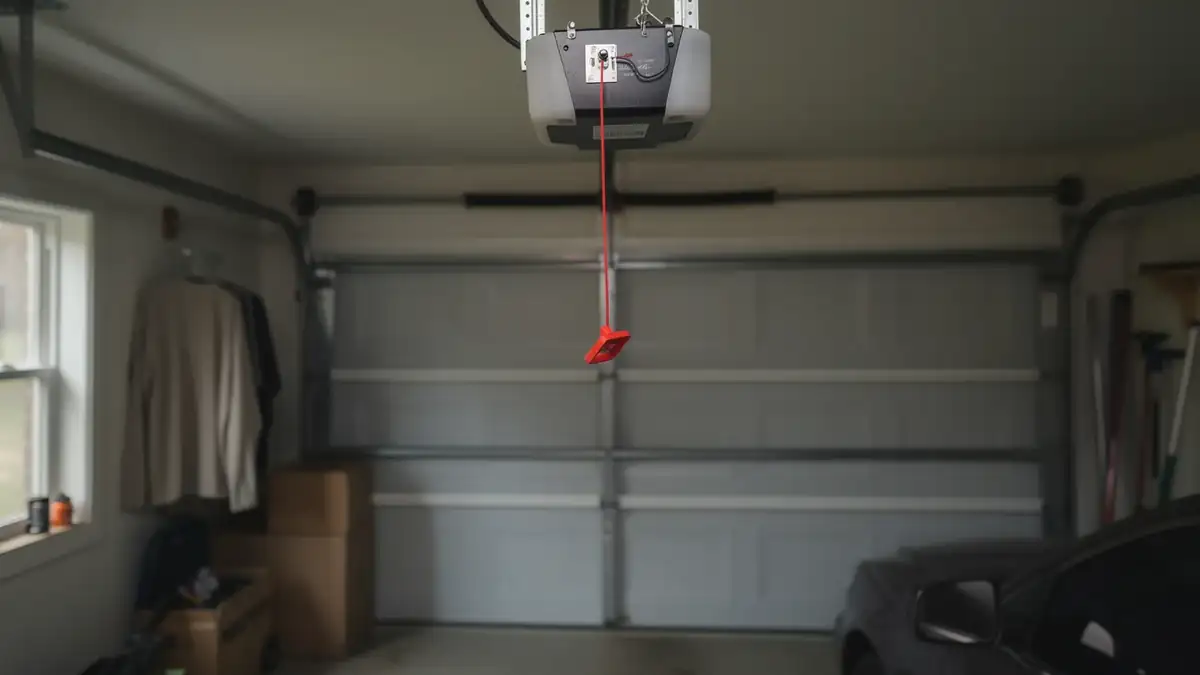 A garage door opener hangs from the ceiling above a closed garage door.