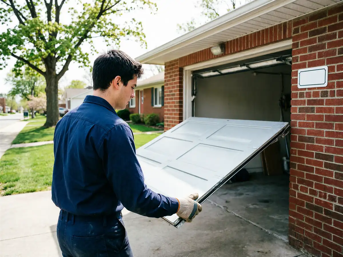 A technician in a blue uniform is carrying a white garage door panel.