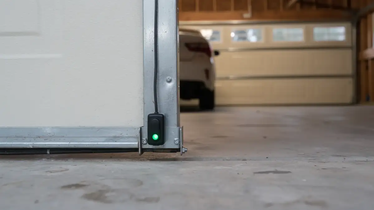 A garage door safety sensor with a green light is mounted on a metal track.