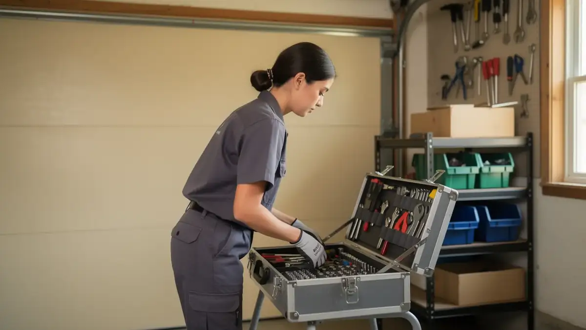 A technician in a gray uniform is looking into an open toolbox in a garage.