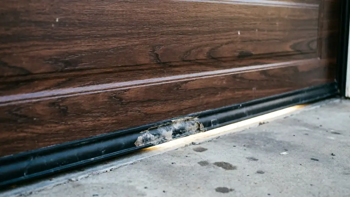 The bottom of a brown garage door has a damaged weather seal.