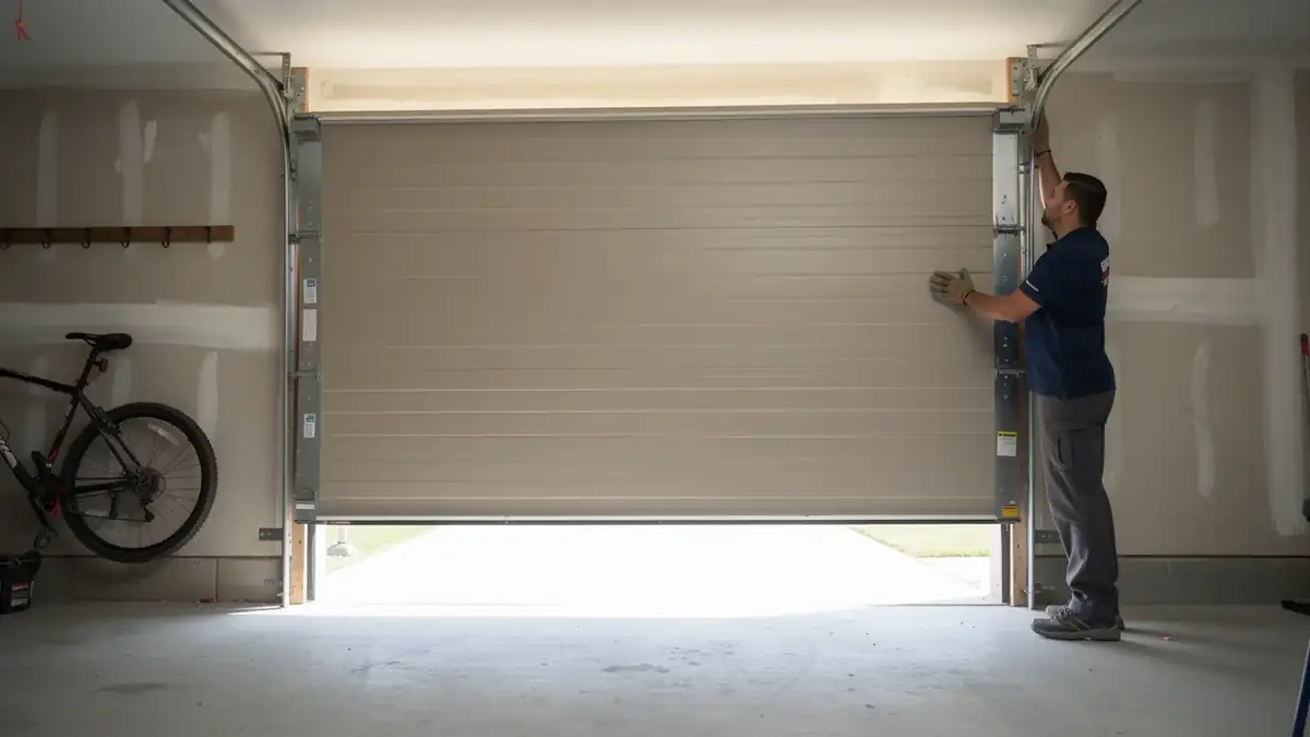 A technician in a blue shirt is adjusting a tan garage door.